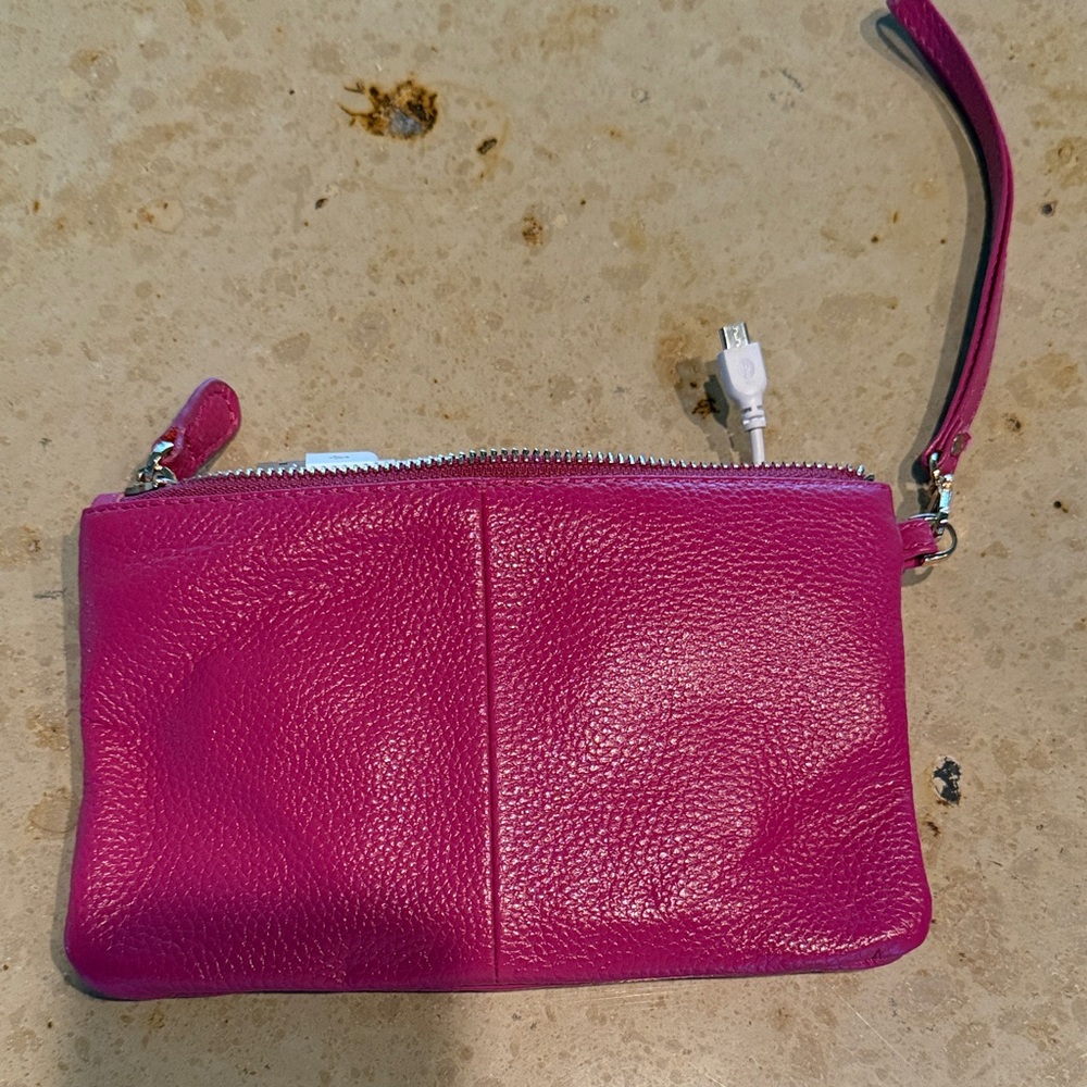 Butler Pink Leather Wristlet Clutch with built in charging cords for phone